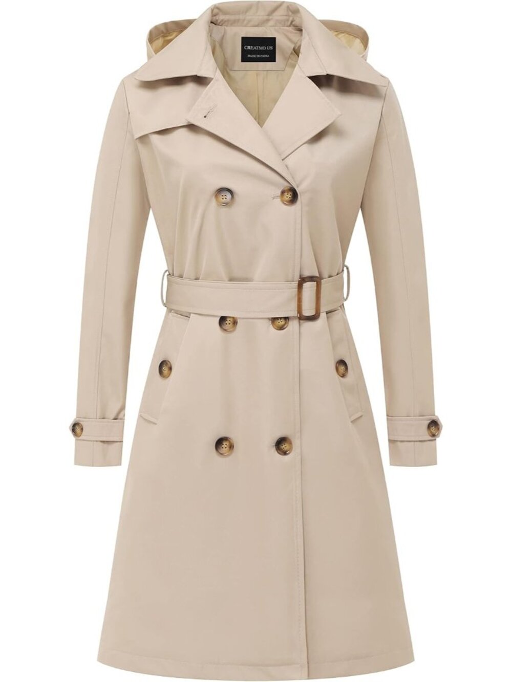 Women Khaki Lapel Collar Cuff Sleeve Overcoat Belted Slim Outerwear Trench Coat